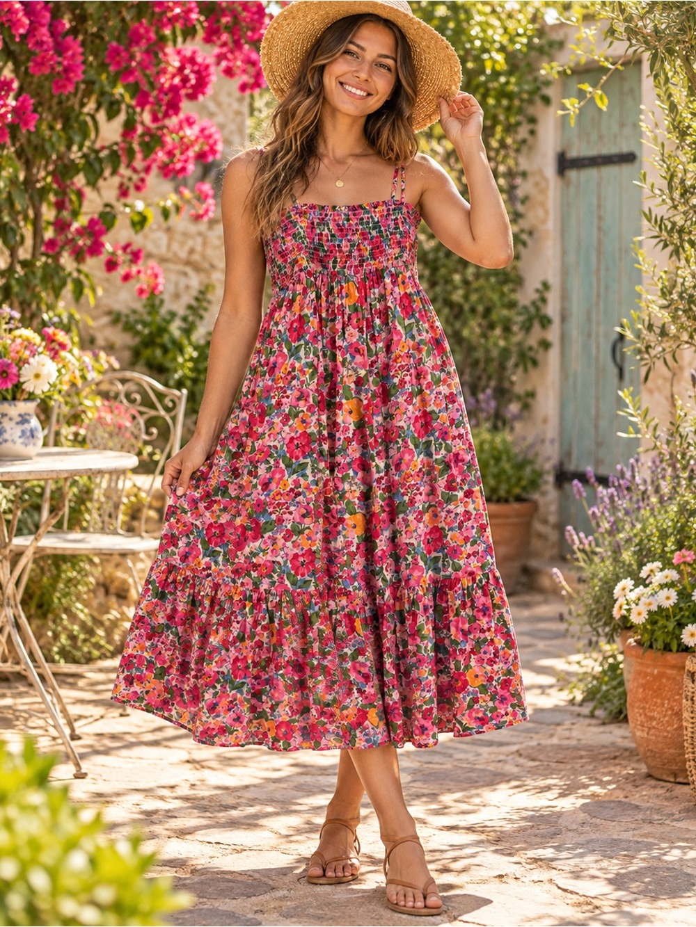 NATURAL LIFE Pink Floral Smocked Sundress with Green & Yellow Accents boho flowy